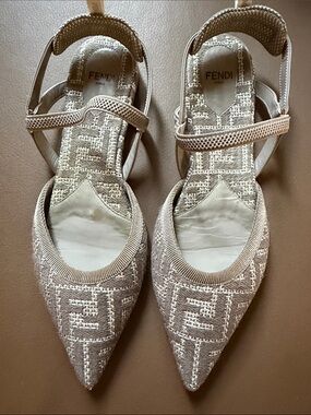 Fendi Taupe Jacquard Pointed-Toe Slingback Flats